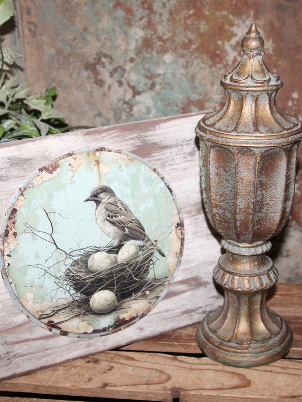 Shabby French Bird & Nest Wall Decor Plaque with Bronze Teal Decor Finial